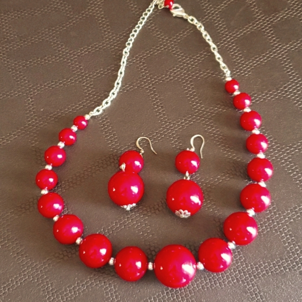 Red beaded necklace and earrings